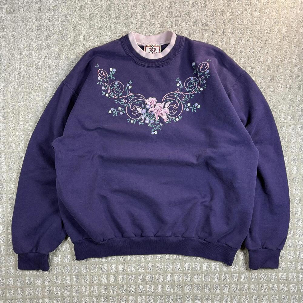 Vintage Floral Sweatshirt Top Stitch Purple Crewneck